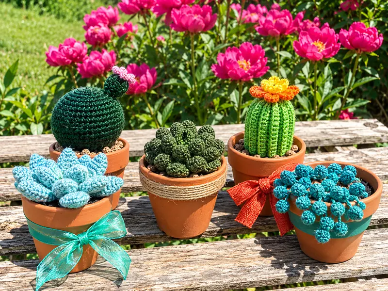 Crocheted cactus toys in terracotta pots on a wooden bench, with flowering cacti behind them.
