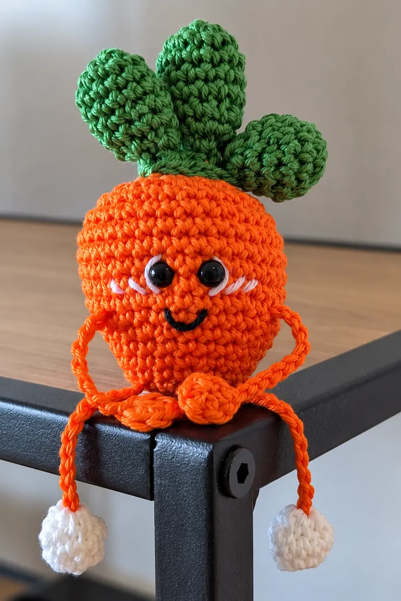 A crocheted carrot character with an orange body, green leaves and a smiling embroidered face, sitting on the edge of a dark wooden table.