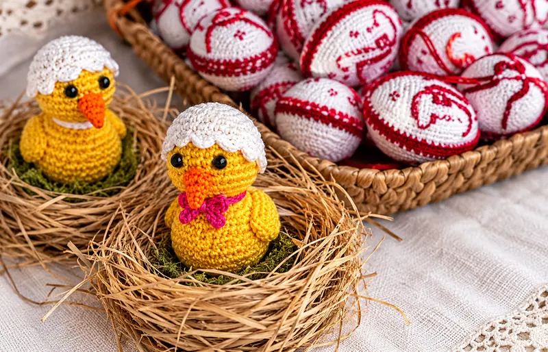 Two small crocheted chicks in rustic woven nests, with wrapped sweets behind them.