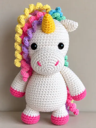 A crocheted unicorn toy with a white body, a rainbow mane and tail, and pink hooves.