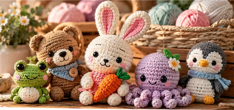 Five crocheted amigurumi toys — a frog, bear, rabbit with a carrot, lilac octopus and penguin — sitting together in soft natural light.