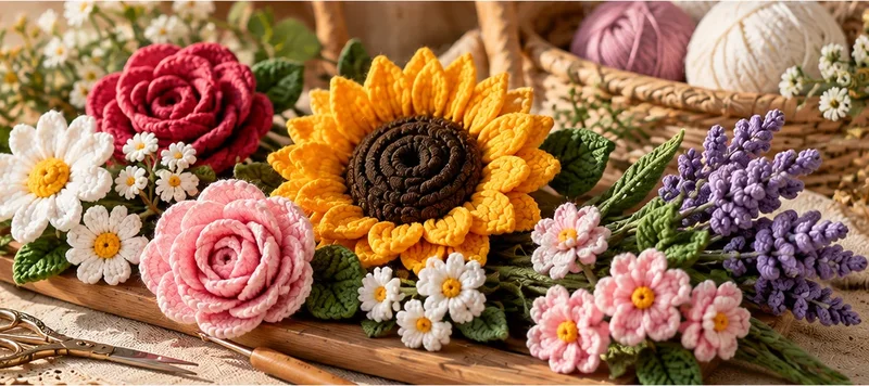 Handmade crochet flowers in deep red, pink, white, yellow and purple arranged on a wooden table with yarn and scissors.