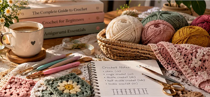 Three crochet books stacked beside a spiral notebook of crochet notes, coloured hooks, yarn and a cup of coffee on a wooden desk.