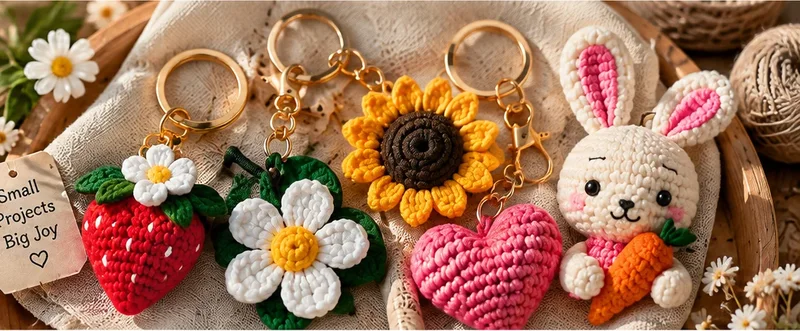 Crocheted strawberry, daisy, sunflower, pink heart and rabbit keychains on gold rings, photographed in warm daylight on linen.