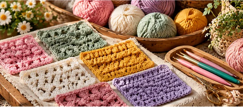 Five crocheted stitch swatches in different colours on a wooden table, with yarn bowls, crochet hooks and scissors in daylight.