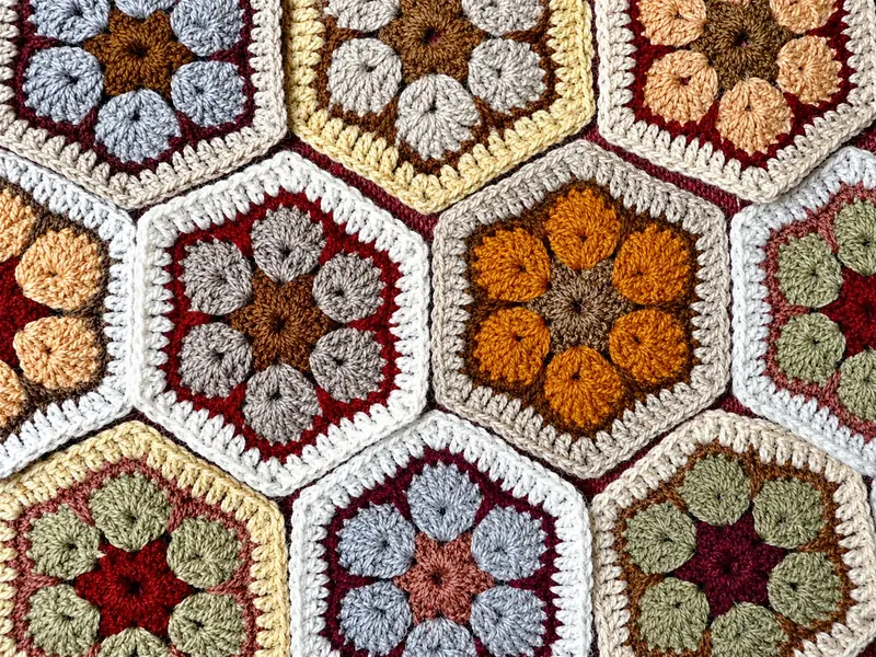 A crocheted blanket made from hexagonal flower motifs in ochre, rust, green and cream, laid flat.