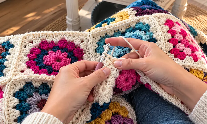 Hands holding a crochet hook and a colourful granny-square blanket, joining squares along the edge.
