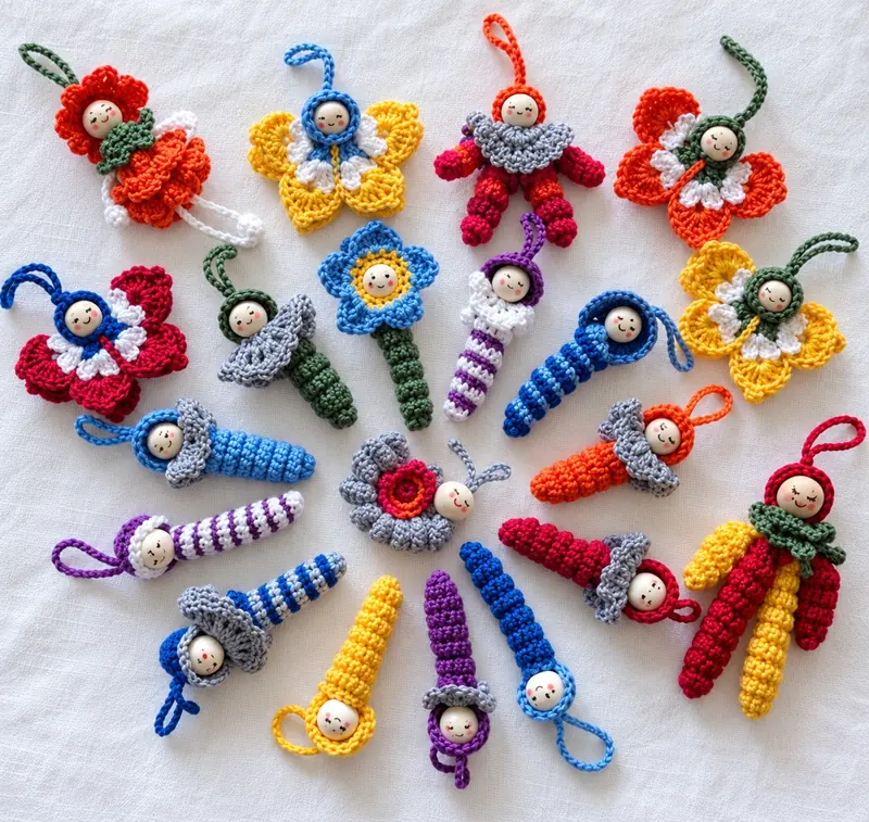 About twenty small crocheted charms in bright colours, including flower fairies, butterflies and worms, each mounted on a metal keyring and arranged on white fabric.