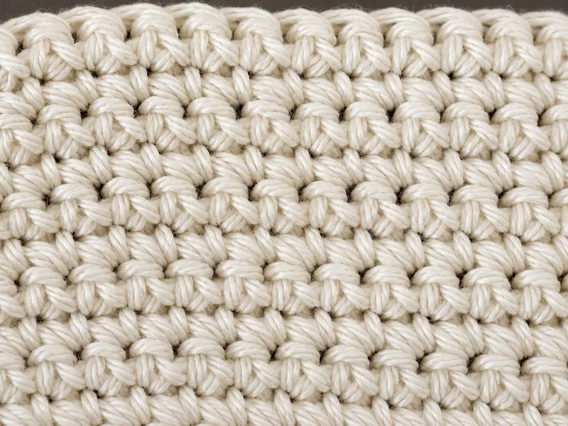 Close-up of a cream single crochet swatch showing dense, even columns of V-shaped stitches.