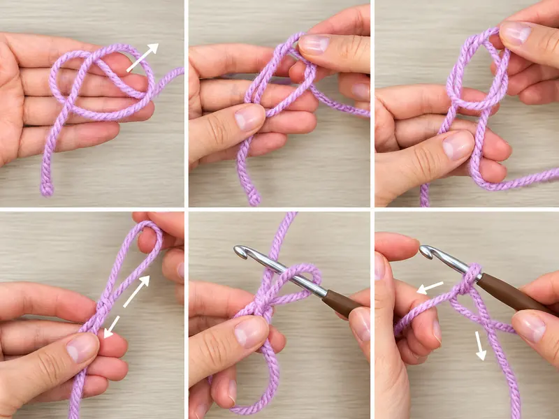 A six-panel photographic sequence showing hands forming a loop of lavender yarn and working it on a crochet hook.